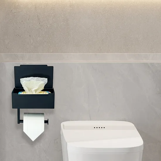 Self Adhesive Bathroom Toilet Roll Paper Holder Wall Mounted with Mobile Phone Shelf Flushable Wet Wipes Dispenser Storage